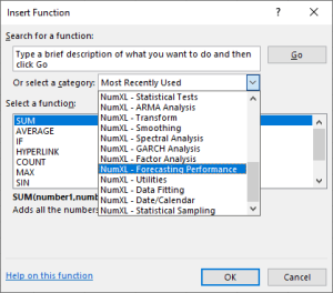 NumXL Forecast performance category in Excel