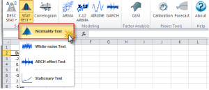 NumXL menu for Statistical Testing