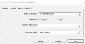 La pestaña General del cuadro de diálogo/asistente NumXL ACP en Excel.
