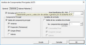 La pestaña Opciones en el cuadro de diálogo o Asistente de análisis de componentes principales de NumXL.