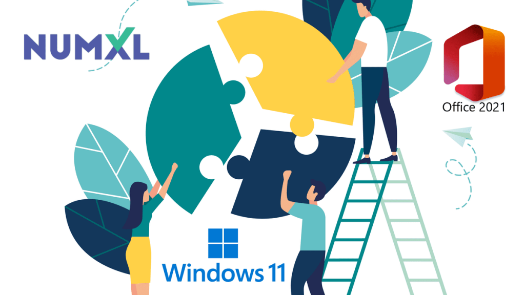 This image describes the collaboration between NumXL, Office 2021, and Windows 11.