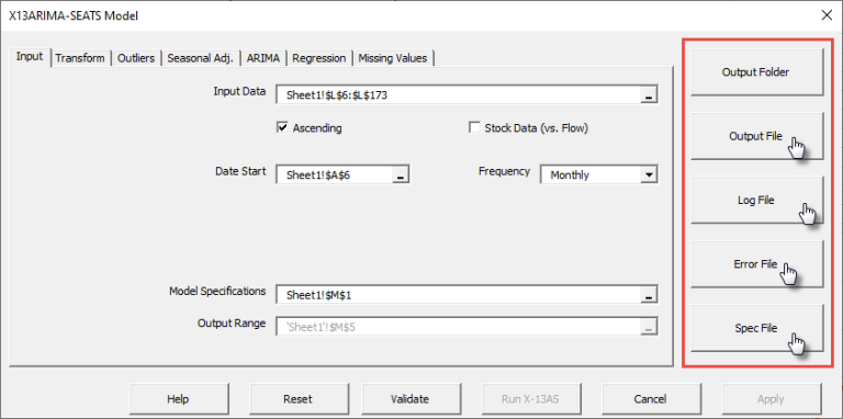 This figure illustrates the NumXL X13-ARIMA-SEATS Wizard, emphasizing the buttons that allow users to open the X13 raw output files for review.