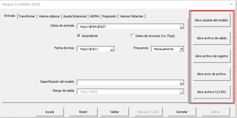 Esta figura ilustra el asistente NumXL X13-ARIMA-SEATS, destacando los botones que permiten a los usuarios abrir los archivos de salida sin procesar de X13 para su revisión.