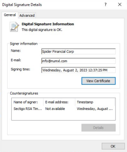 Codesigning property page showing digital signature information for NumXL.