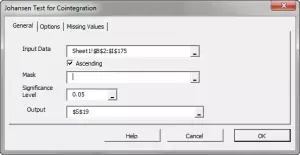 The General tab in NumXL's Johansen Test of Cointegration wizard.