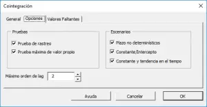 La pestaña Opciones en el asistente de prueba de cointegración de Johansen de NumXL.