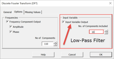 In this figure, we show the 'Options' Tab of the NumXL Fourier Transform Wizard Dialog, with the Low-Pass filtering section highlighted.