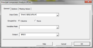 The General tab of the NumXL PCA dialog/Wizard in Excel.