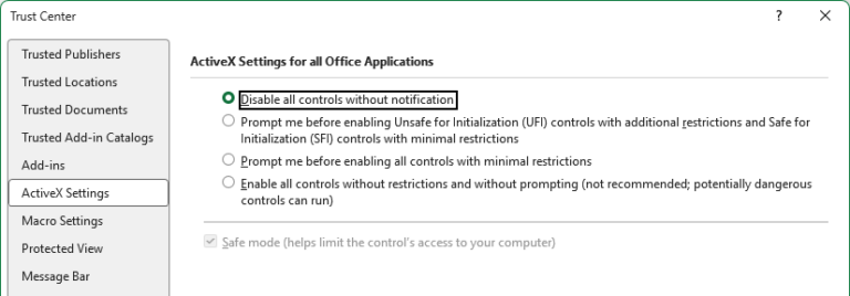 The ActiveX control setting in the Excel Trust Center is set to disabled.