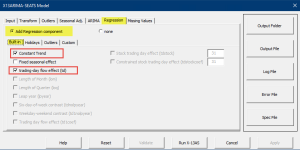 This figure shows the imported Built-in (aka calendar) regression variables in the NumXL's X-13ARIMA-SEATS wizard.