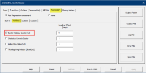 This figure shows the imported Holidays regression variables in the NumXL's X-13ARIMA-SEATS wizard.